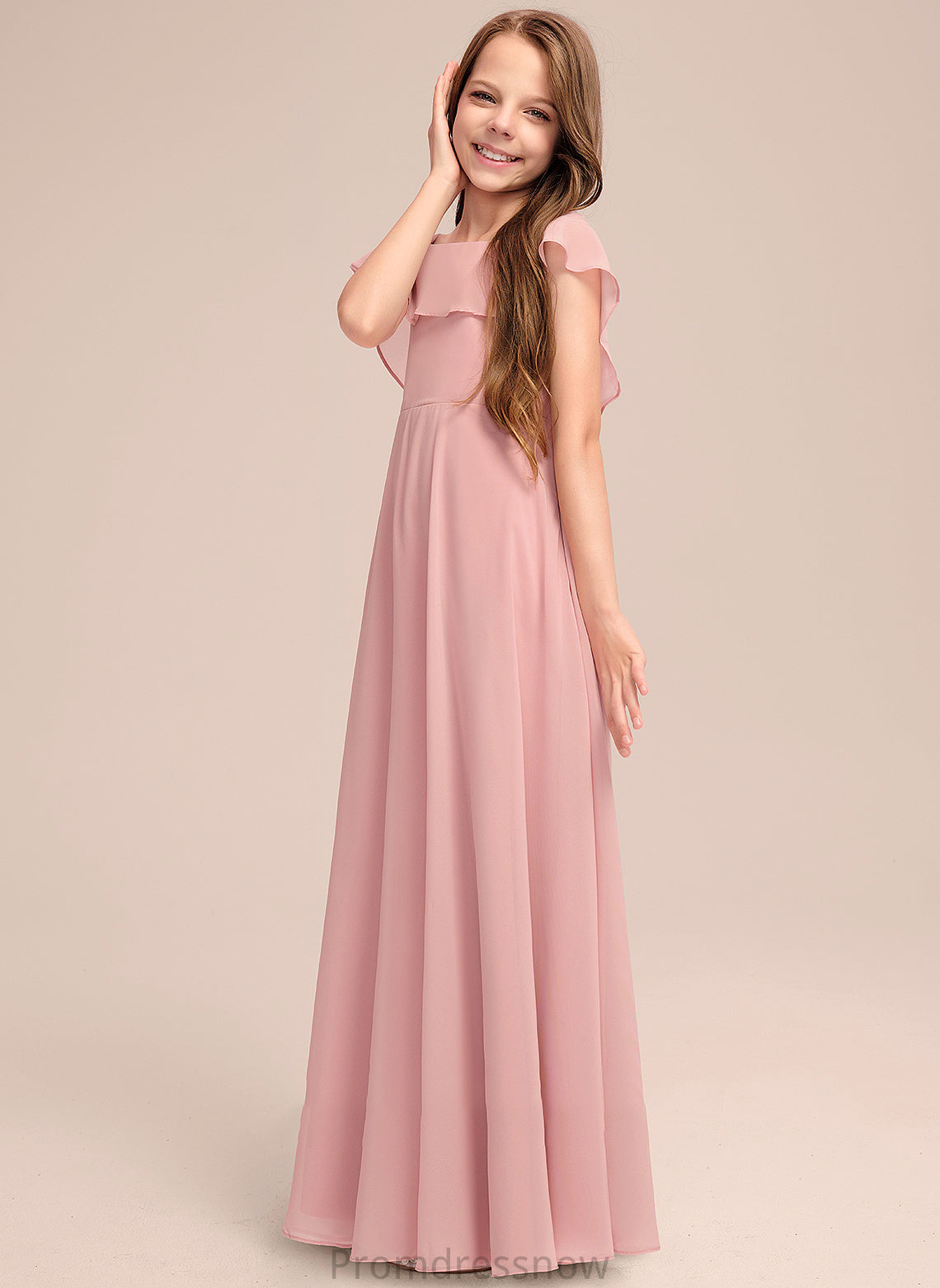 With Yaretzi Chiffon Cascading Neck Scoop Ruffles A-Line Junior Bridesmaid Dresses Floor-Length