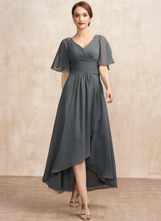 With Mother Beading Bride A-Line of Ruffle Asymmetrical Dress Mother of the Bride Dresses Chiffon the V-neck Marina