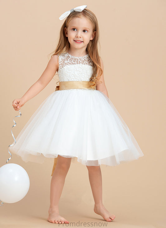 Flower Girl Dresses - Sleeveless Neck Knee-length Dress Hole Savannah Scoop Sash/Bow(s)/Back Satin/Tulle/Lace With A-Line Girl Flower