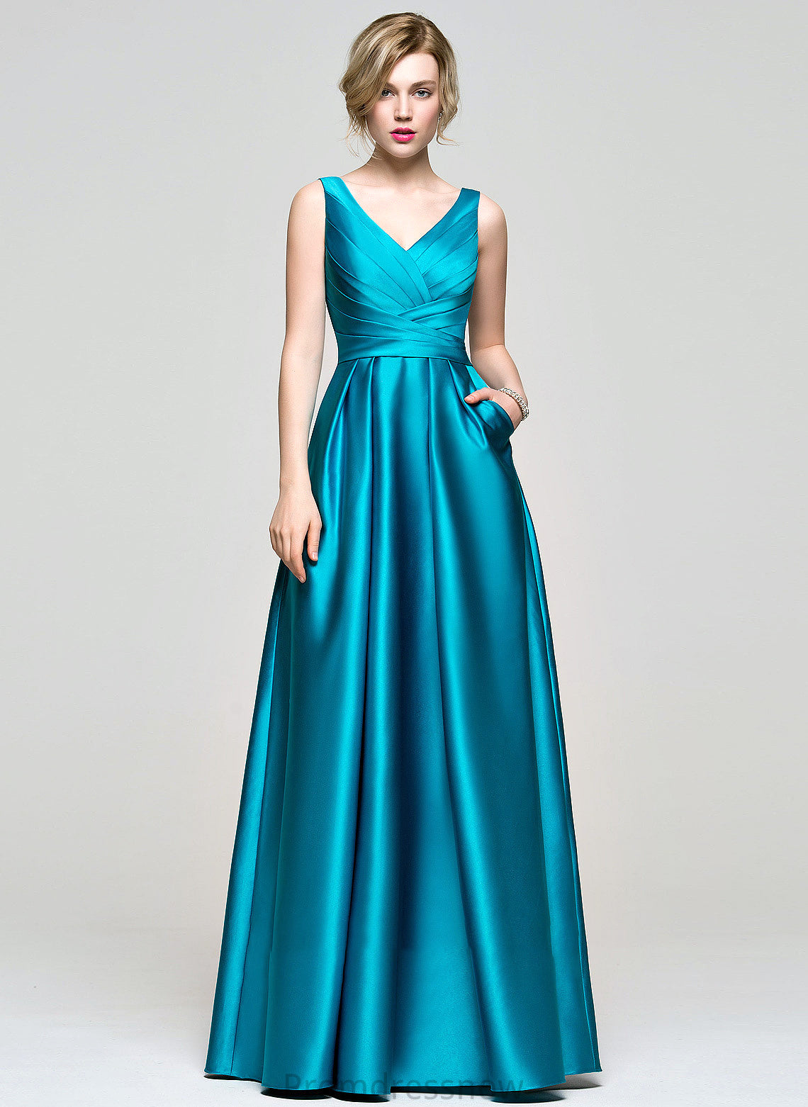 With V-neck Ball-Gown/Princess Prom Dresses Satin Silvia Pockets Floor-Length Ruffle