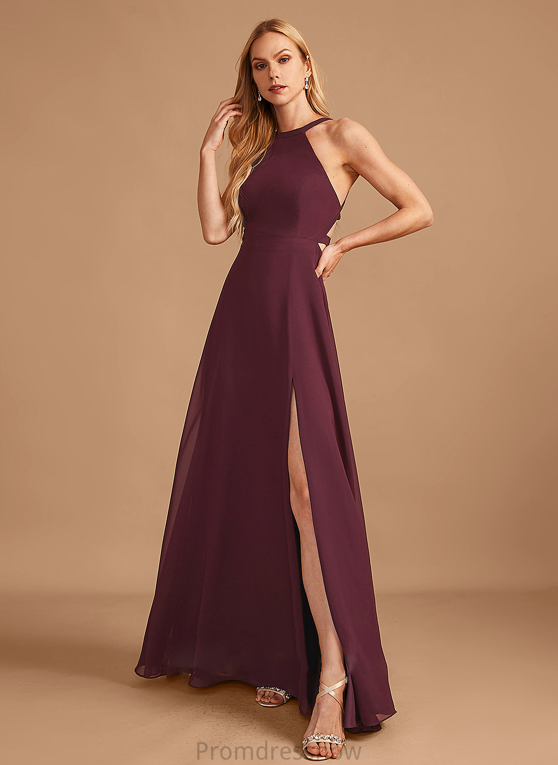 Floor-Length SplitFront Embellishment Length HighNeck Fabric Neckline Silhouette A-Line Thirza Straps Sleeveless Bridesmaid Dresses