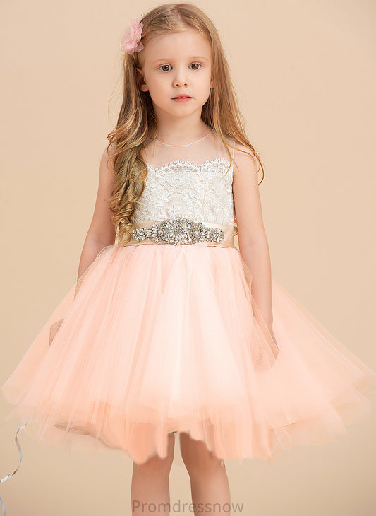 - A-Line (Undetachable Beading Dress Sleeveless Girl Neck Scoop Satin/Tulle/Lace Knee-length Flower Girl Dresses Stephanie Flower sash) With