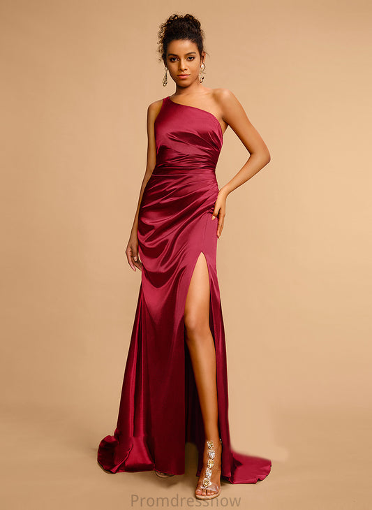 With Satin Prom Dresses Pleated One-Shoulder Front Train Sweep Sheath/Column Split Amiyah