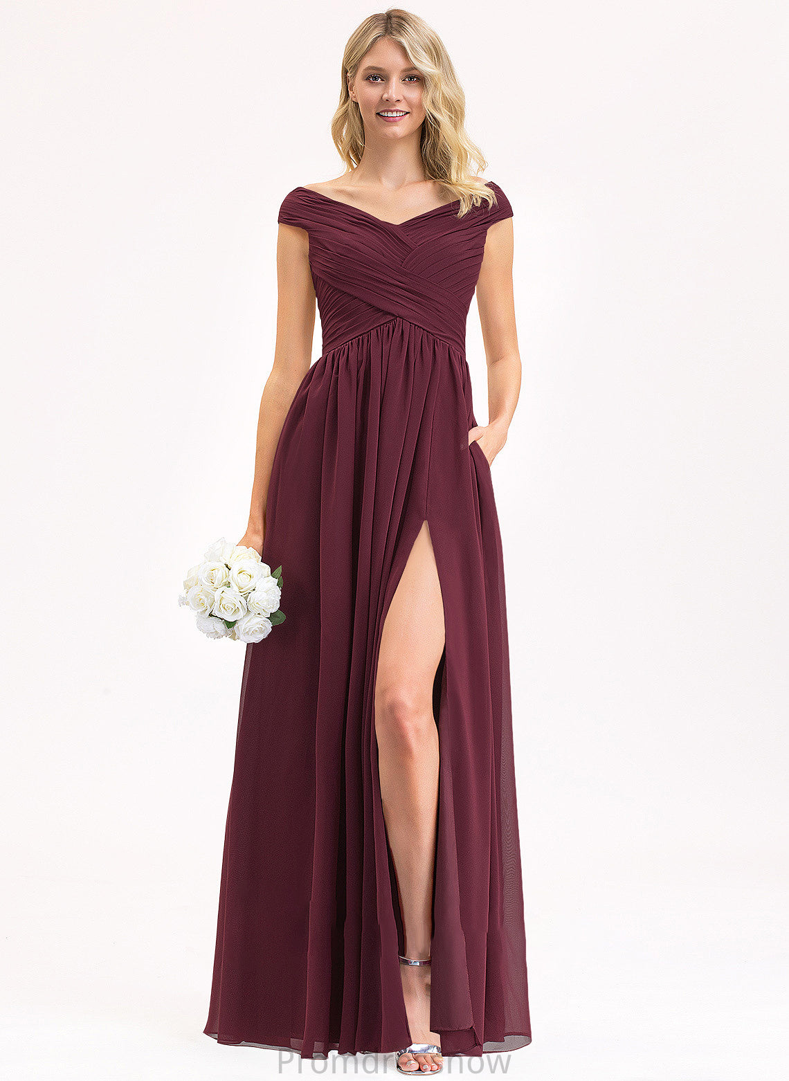 SplitFront Ruffle A-Line Silhouette Floor-Length Off-the-Shoulder Pockets Embellishment Neckline Length Fabric Micaela Bridesmaid Dresses