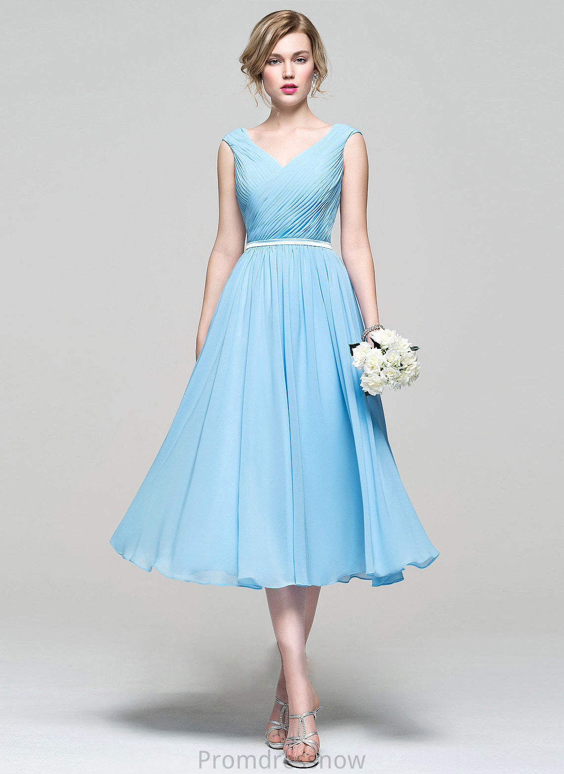 A-Line Silhouette Fabric V-neck Ruffle Length Embellishment Tea-Length Neckline Paityn Scoop A-Line/Princess Bridesmaid Dresses