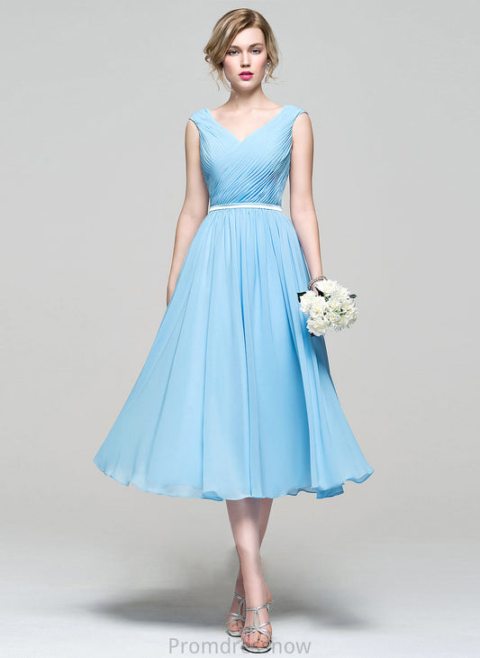 A-Line Silhouette Fabric V-neck Ruffle Length Embellishment Tea-Length Neckline Paityn Scoop A-Line/Princess Bridesmaid Dresses