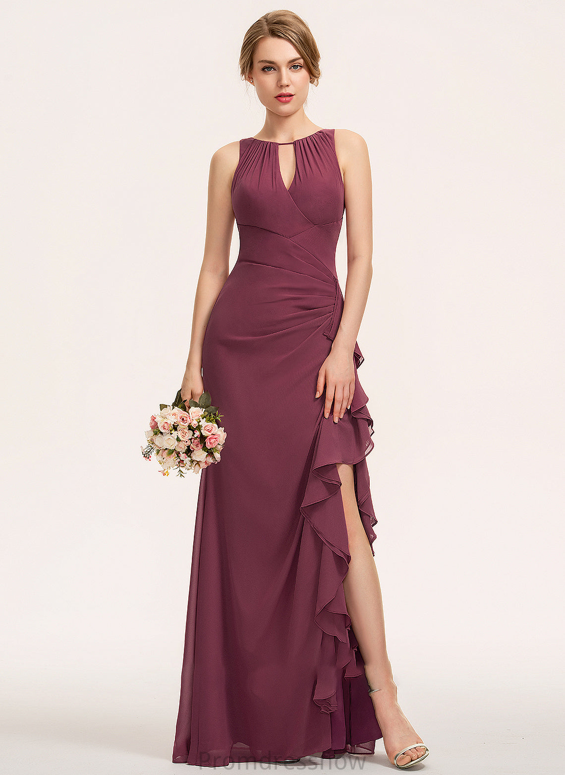 CascadingRuffles ScoopNeck Floor-Length Neckline A-Line Fabric SplitFront Embellishment Silhouette Length Shyann Sleeveless Bridesmaid Dresses