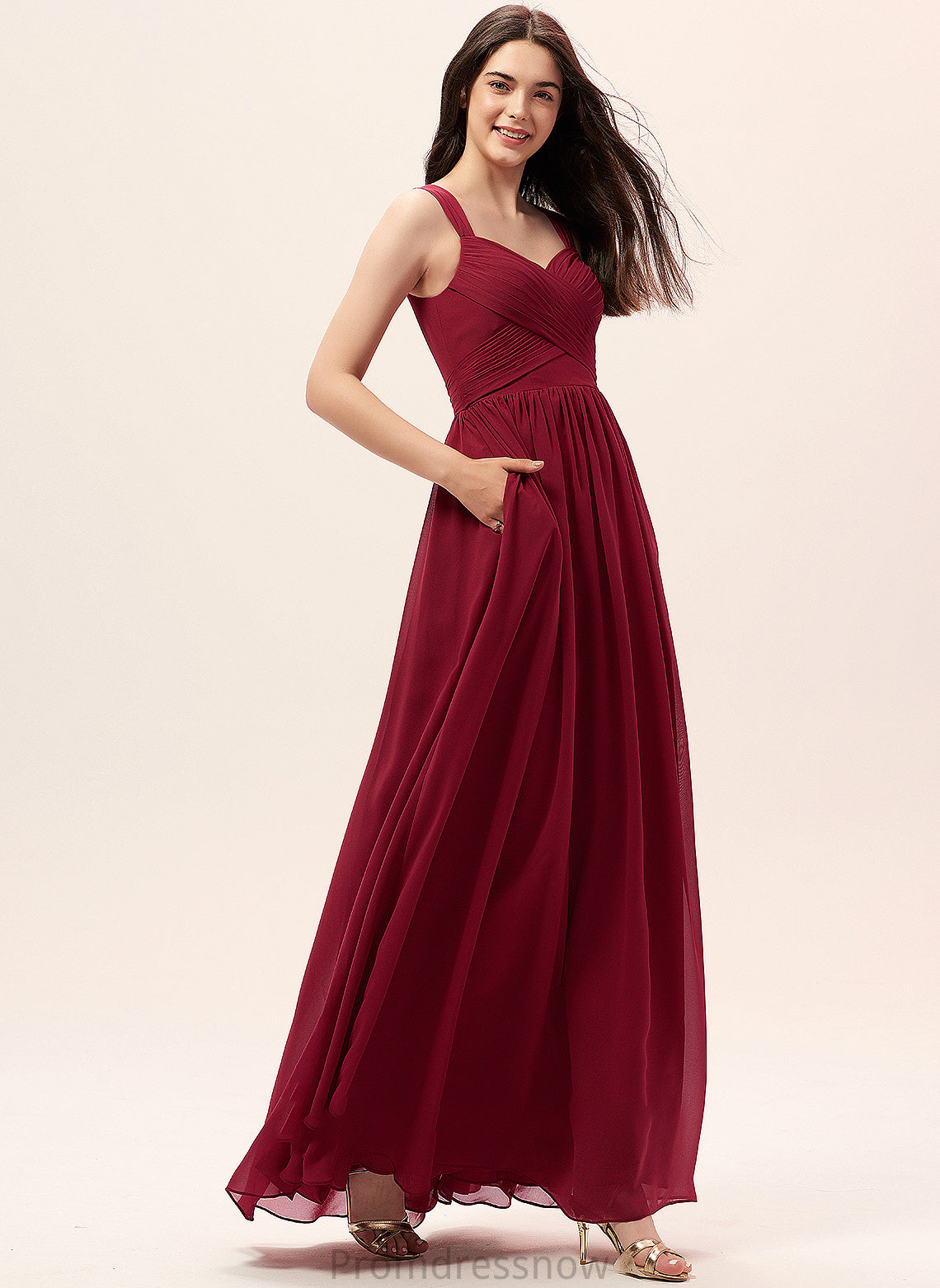 Floor-Length A-Line Sweetheart Fabric Embellishment Neckline Pockets Length Ruffle Silhouette Nadia V-Neck Bridesmaid Dresses