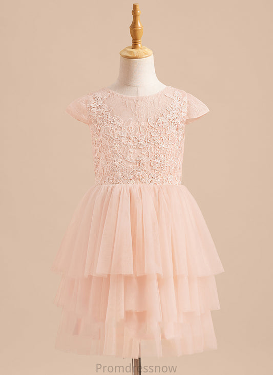 Knee-length Short Girl Dress Neck With Lace/V Flower Girl Dresses A-Line Flower Sleeves Tulle Serenity Back - Scoop