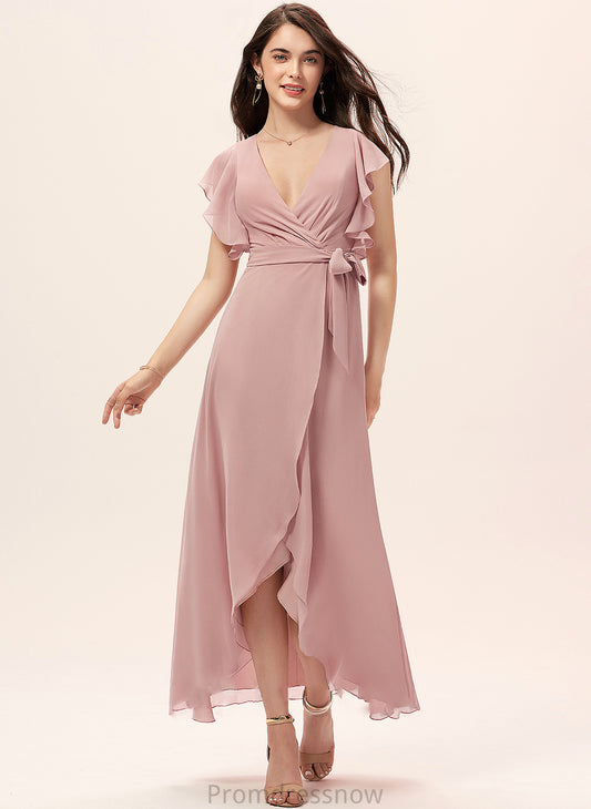 V-neck Length Ruffle A-Line Fabric Asymmetrical Neckline Silhouette Embellishment Elizabeth Sleeveless Straps Bridesmaid Dresses