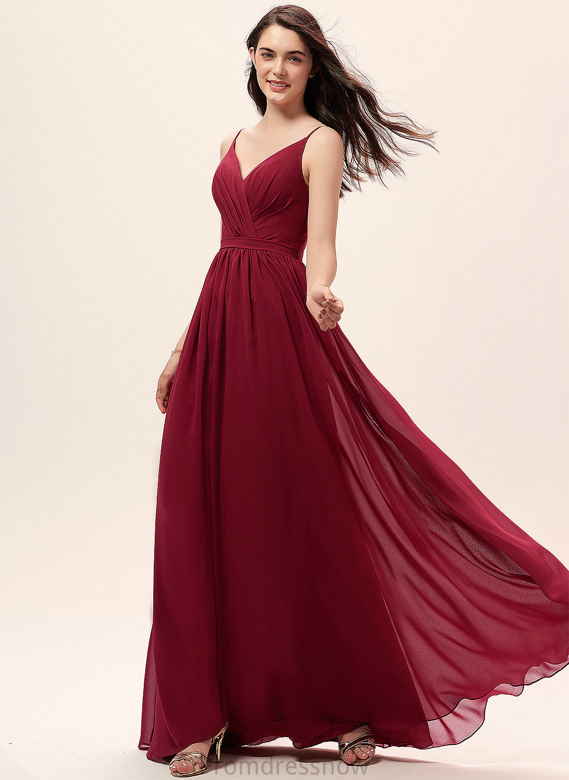 Neckline A-Line Lace V-neck Embellishment Silhouette Fabric Ruffle Floor-Length Length Scarlet Sleeveless Bridesmaid Dresses