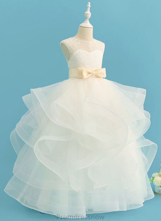 Flower Girl Dresses Satin/Tulle/Lace Scoop Dress Floor-length Flower sash) Ball-Gown/Princess Neck (Detachable Bow(s) With Girl Michaelia - Sleeveless