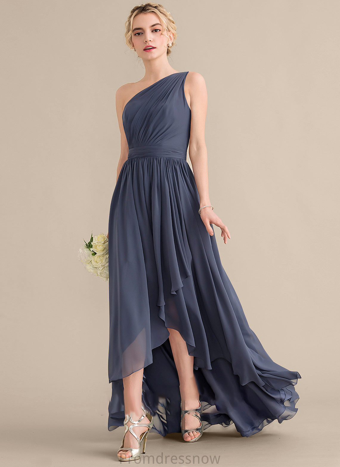 Silhouette Embellishment Neckline Asymmetrical Fabric A-Line One-Shoulder CascadingRuffles Length Yareli Spaghetti Staps Natural Waist Bridesmaid Dresses