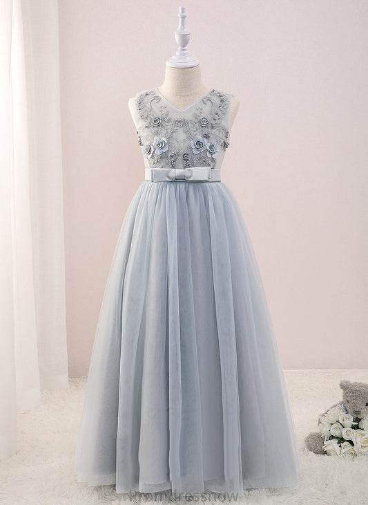 Dress Beading/Flower(s) Girl Tulle/Lace Floor-length With Flower Raegan Flower Girl Dresses V-neck A-Line Sleeveless -