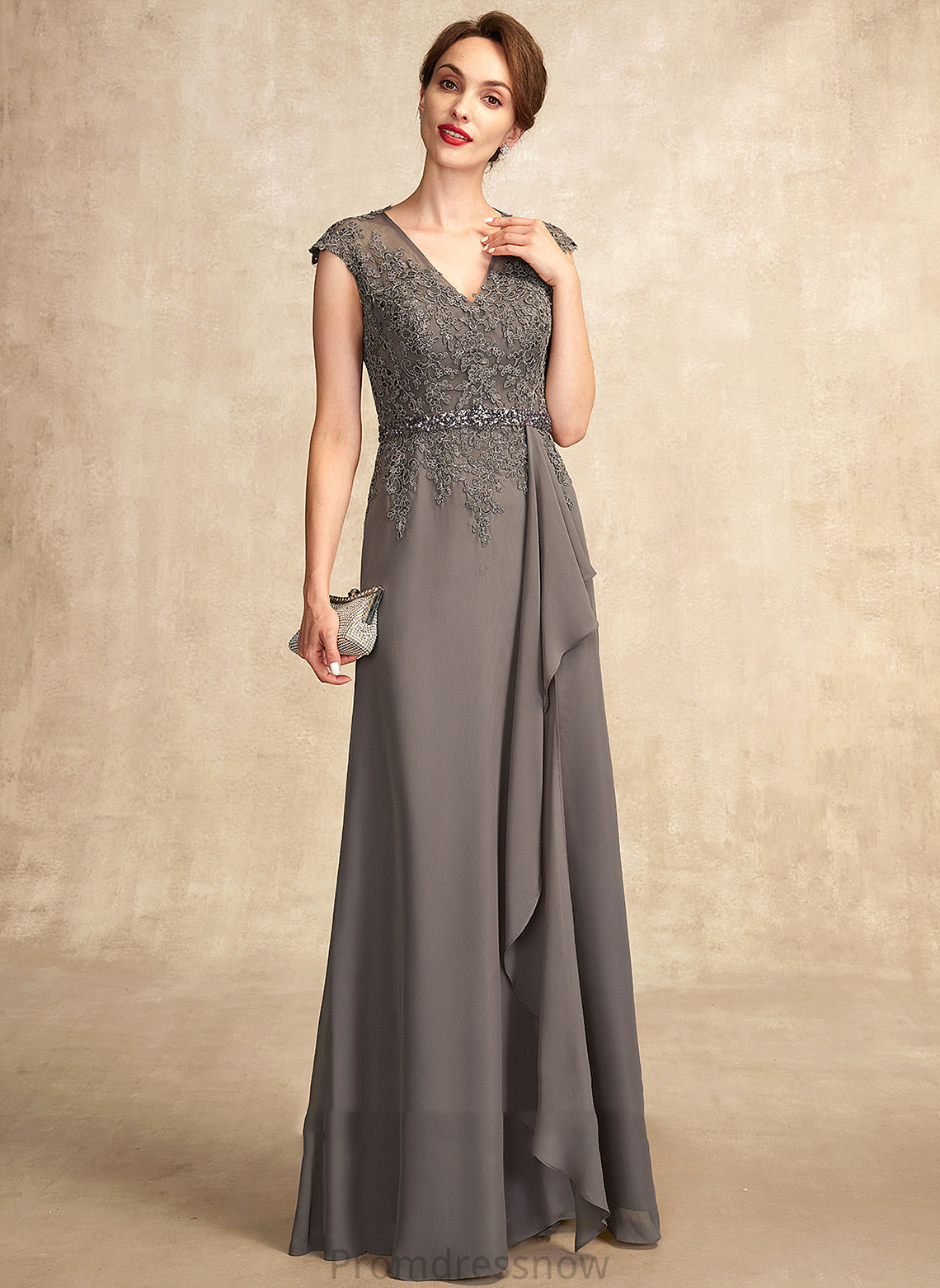 Floor-Length Mother Mother of the Bride Dresses A-Line Beading Dress the Lace Bride With Ruffles Melissa of Cascading Chiffon V-neck Sequins