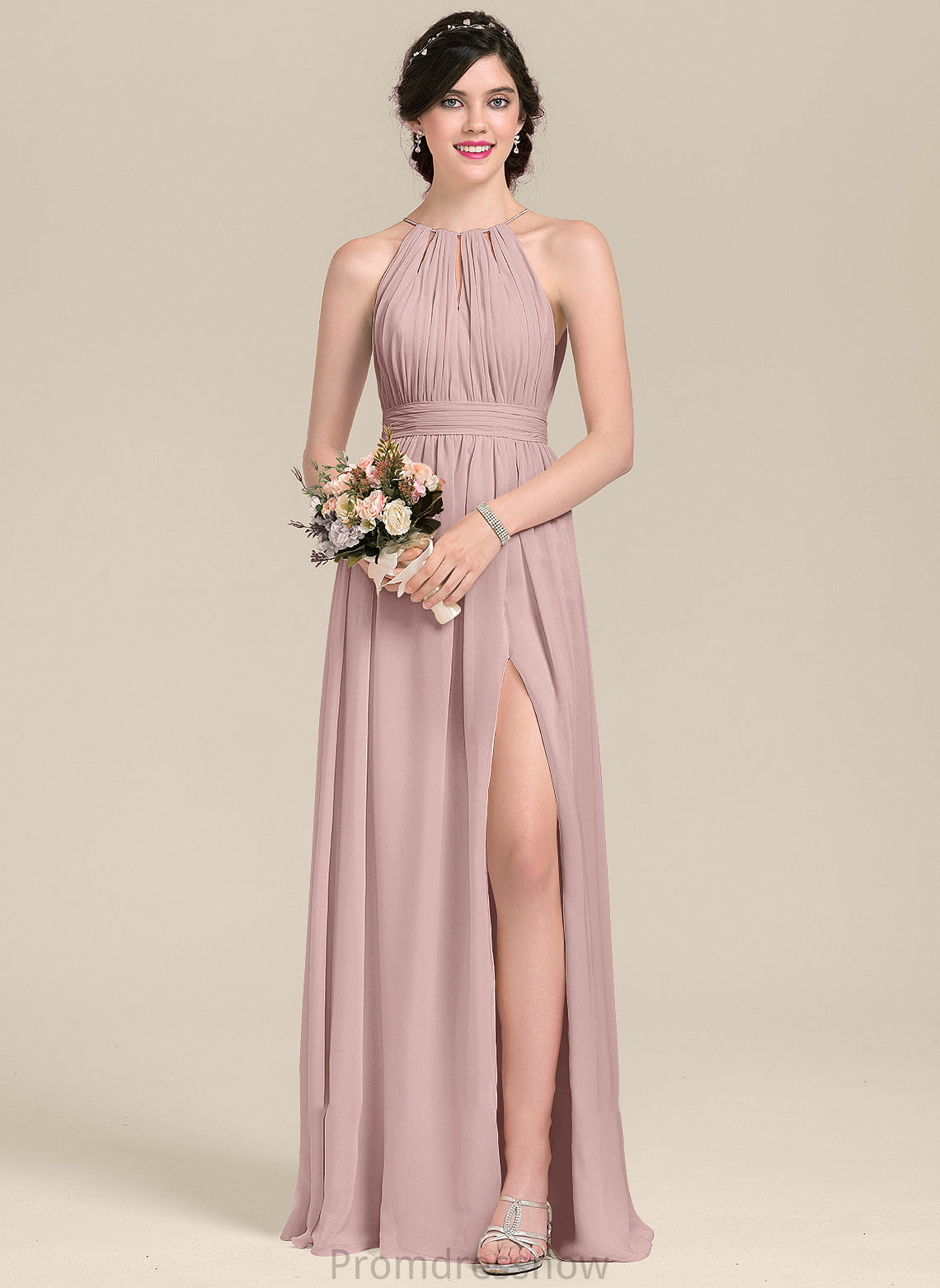 A-Line SplitFront Ruffle Length Silhouette Floor-Length Embellishment Fabric Bow(s) Neckline ScoopNeck Kamila Bridesmaid Dresses