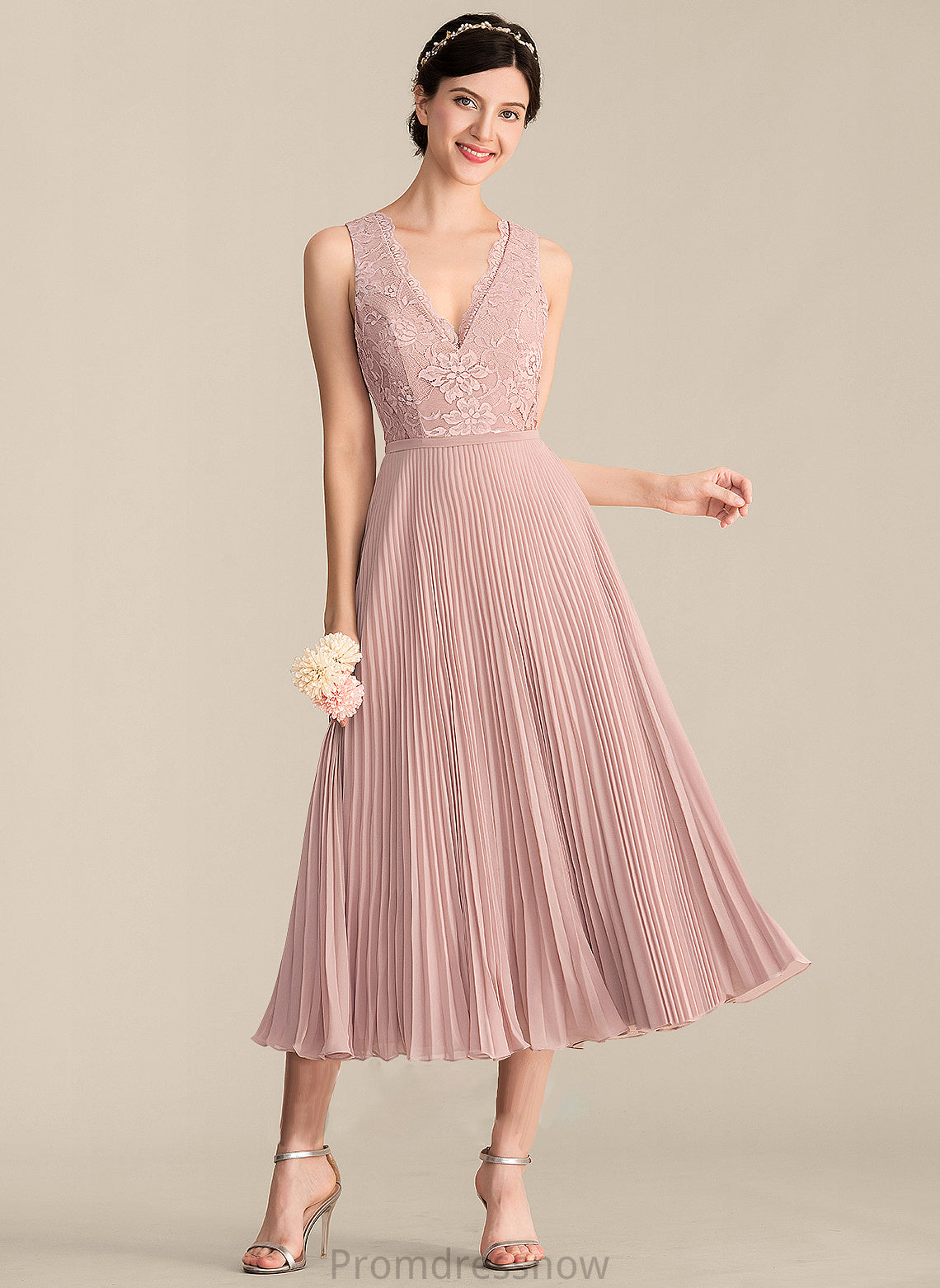 A-Line Length Embellishment V-neck Fabric Pleated Silhouette Neckline Tea-Length Ellen A-Line/Princess Natural Waist Bridesmaid Dresses