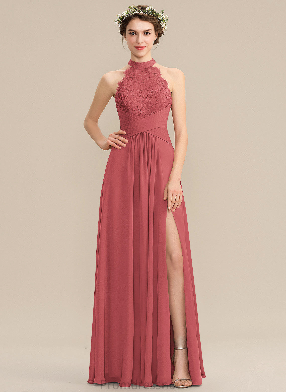 Floor-Length Fabric Ruffle SplitFront HighNeck Length Silhouette Neckline A-Line Embellishment Crystal Knee Length Bridesmaid Dresses