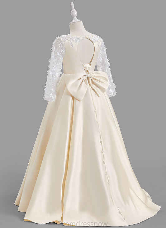 Train - Flower Girl Dresses Satin Sleeves A-Line Hole With Long Bow(s)/Back Flower Neck Girl Dress Ina Scoop Sweep