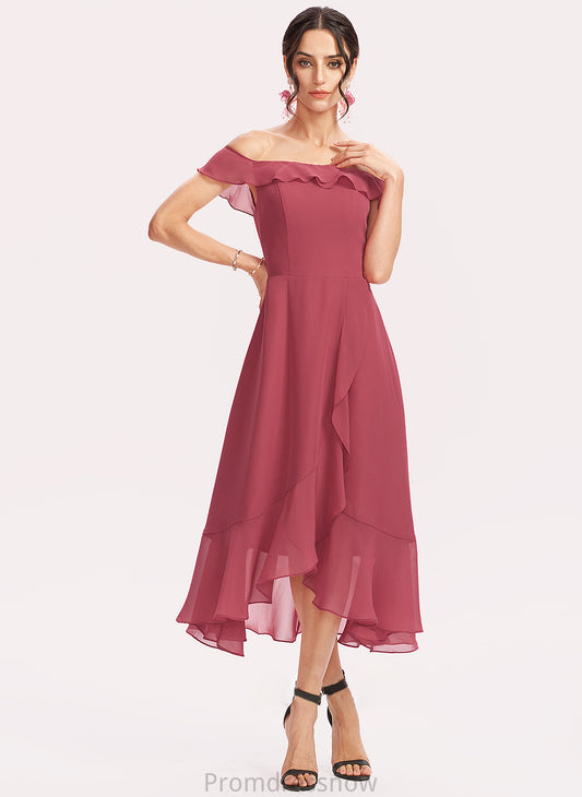 Off-the-Shoulder Fabric Tea-Length A-Line Length CascadingRuffles Neckline Embellishment Silhouette Yasmin A-Line/Princess Natural Waist Bridesmaid Dresses