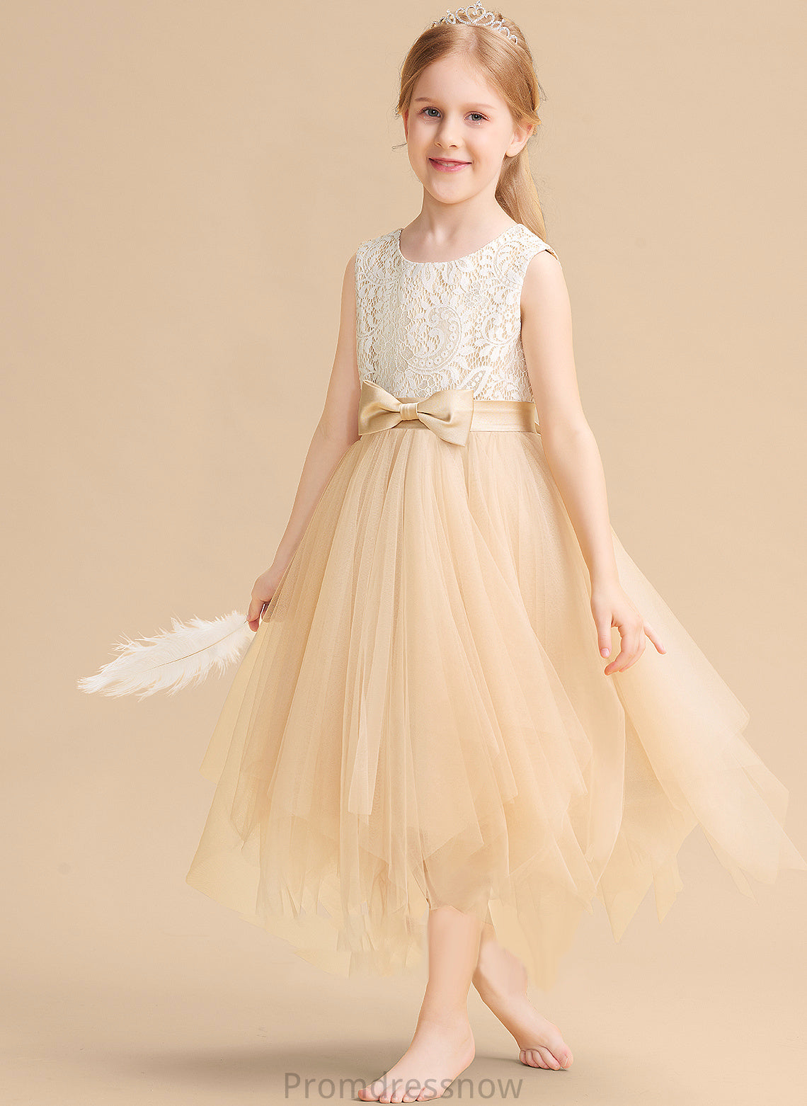 Dress Lace/Bow(s) With Flower Flower Girl Dresses - Neck Scalloped Tulle Sleeveless Girl Mckenna Tea-length A-Line