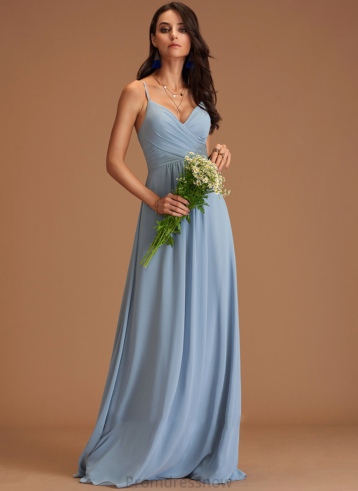 Neckline A-Line Silhouette Floor-Length Ruffle Fabric V-neck Length Embellishment Miriam Natural Waist Sleeveless Bridesmaid Dresses