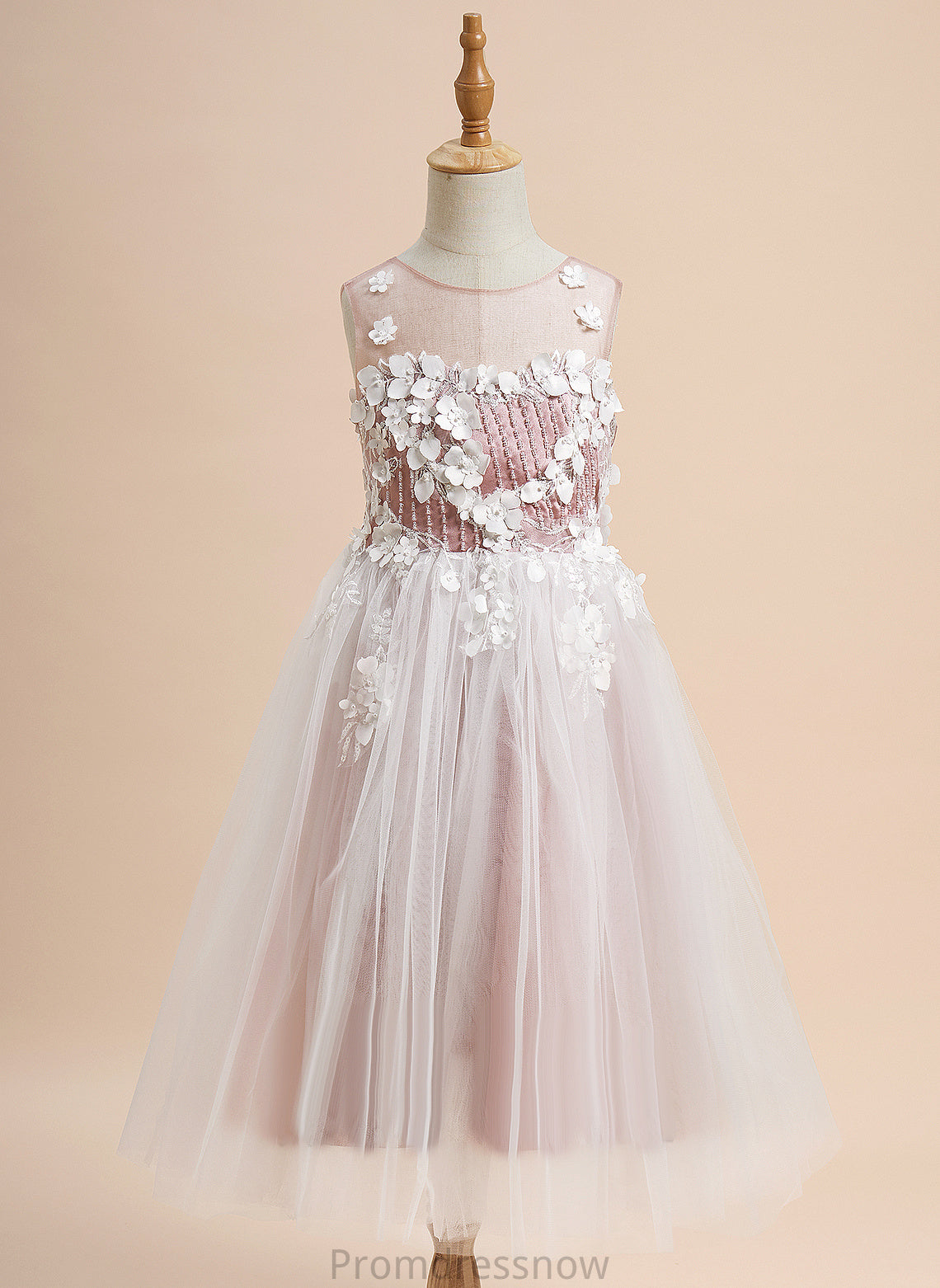 Louise Tulle Neck A-Line Scoop - Tea-length Girl With Flower Girl Dresses Lace/Beading/Flower(s) Sleeveless Dress Flower