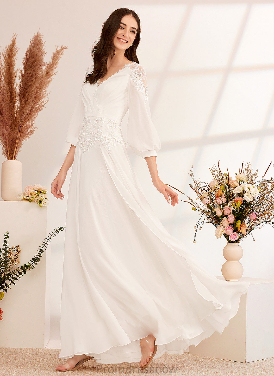 With V-neck Lace Wedding Wedding Dresses A-Line Floor-Length Dress Kyra