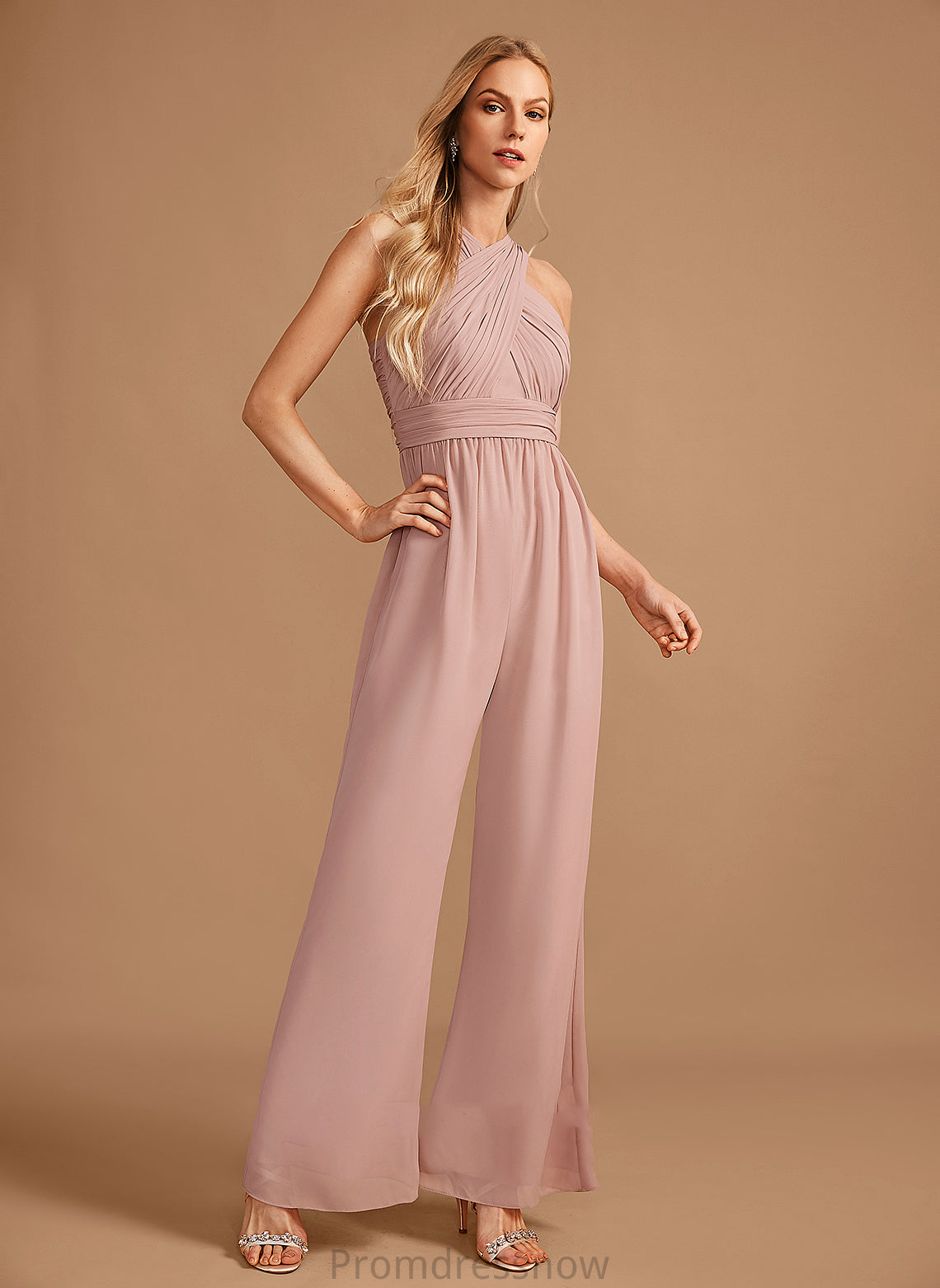 Floor-Length Embellishment Straps HighNeck Length Fabric Pleated Neckline Chaya Sleeveless Natural Waist V-Neck Bridesmaid Dresses