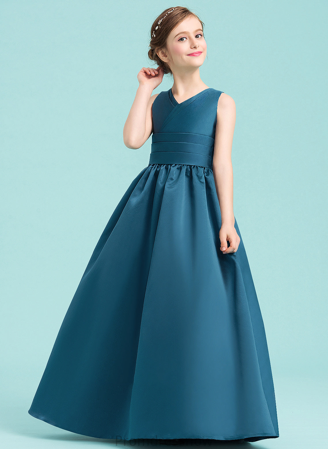 With Ball-Gown/Princess Floor-Length Ruffle Junior Bridesmaid Dresses Satin Mireya V-neck