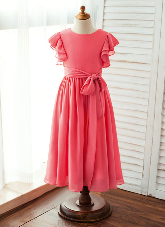 Chiffon With Dress Short Scoop - Sash Girl A-Line/Princess Neck Moriah Sleeves Flower Flower Girl Dresses Ankle-length