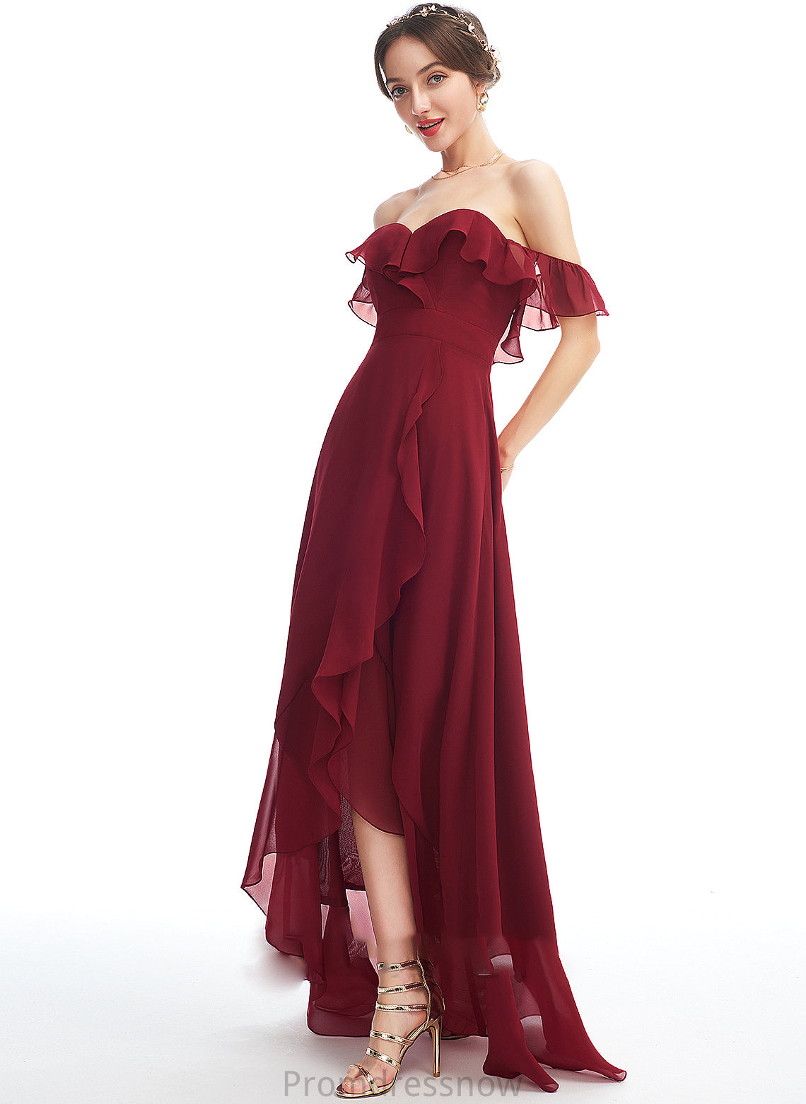 Embellishment SplitFront Ruffle Silhouette Fabric Length Off-the-Shoulder Neckline A-Line Asymmetrical Sheila Sheath/Column Bridesmaid Dresses