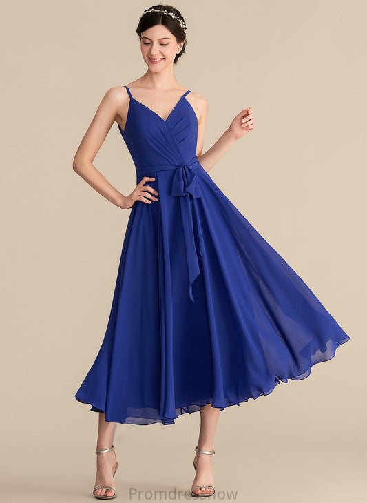 V-neck Bow(s) Ruffle Tea-Length A-Line Length Embellishment Fabric Neckline Silhouette Millicent A-Line/Princess Bridesmaid Dresses