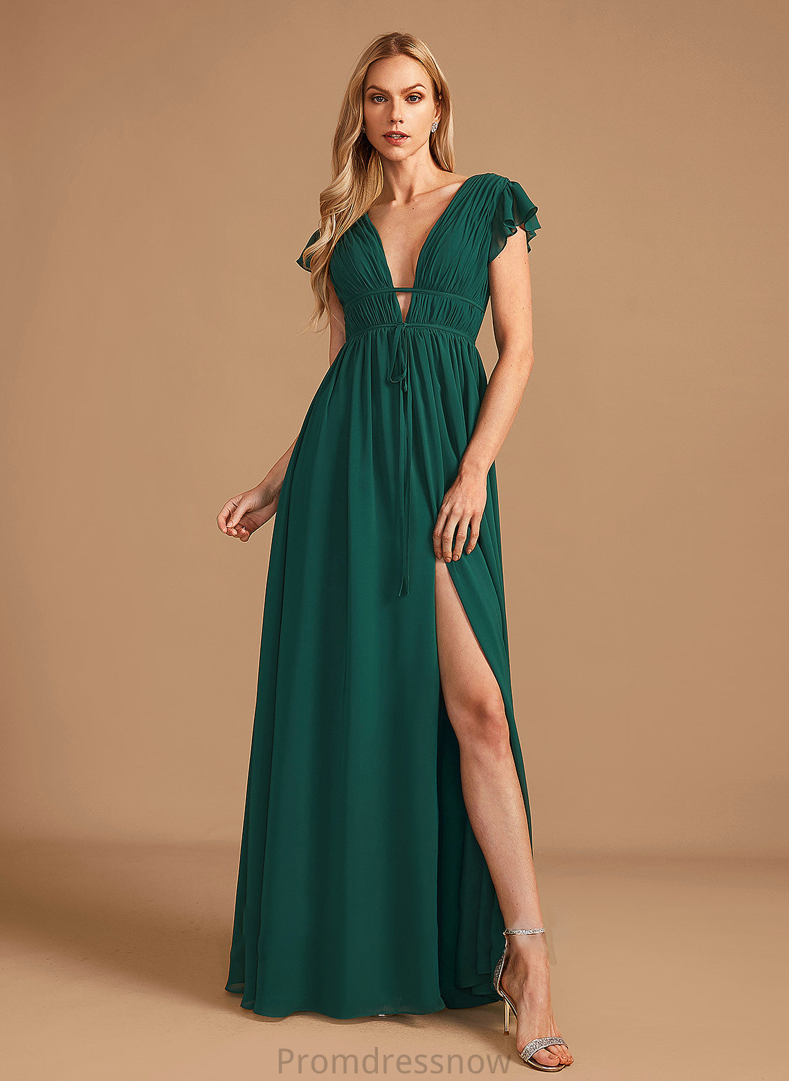 SplitFront A-Line Neckline Length V-neck Fabric Embellishment Floor-Length Silhouette Kinley Sleeveless Natural Waist Bridesmaid Dresses