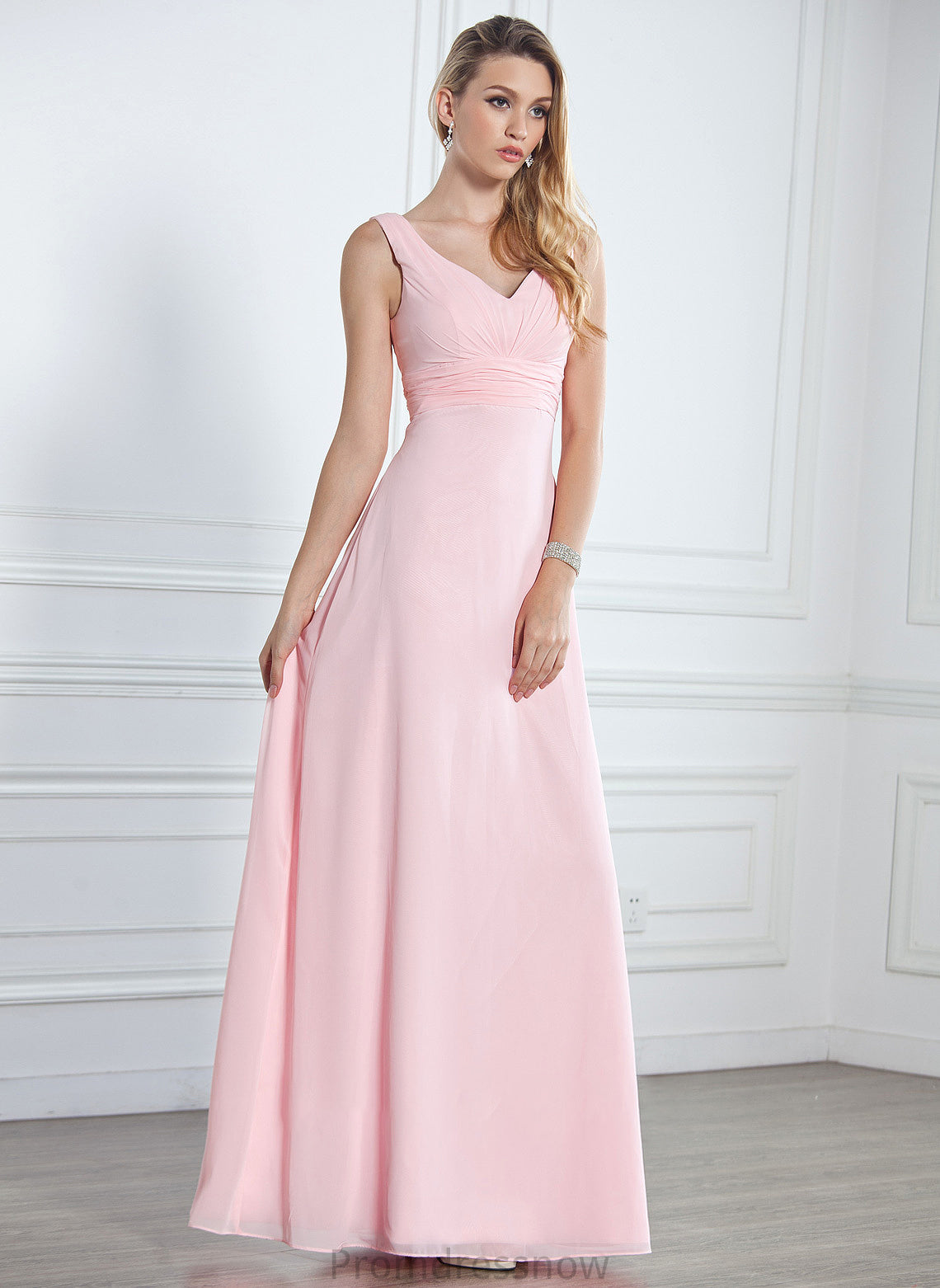 Neckline Silhouette Ruffle Fabric Empire Length Floor-Length Embellishment V-neck Hope Spandex Sheath/Column Bridesmaid Dresses