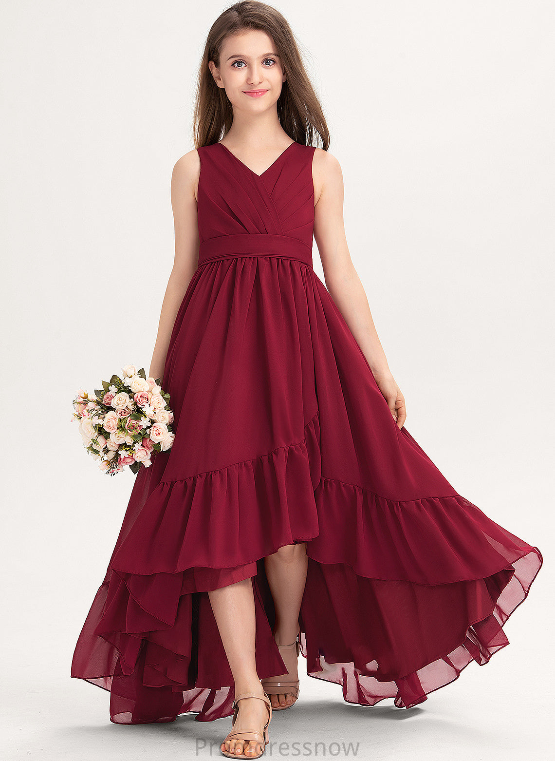 Ruffles Junior Bridesmaid Dresses V-neck Bow(s) Chiffon Cascading A-Line Julia With Asymmetrical