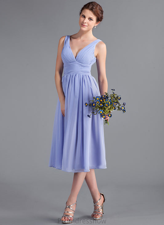 V-neck Neckline Ruffle Silhouette Tea-Length Fabric Embellishment A-Line Length Miriam Floor Length Natural Waist Bridesmaid Dresses