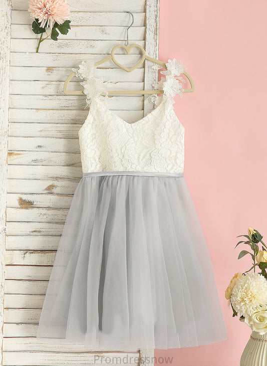 - V-neck A-Line Sleeveless Flower Girl Dresses Tulle/Lace Girl Flower Knee-length Justine Dress