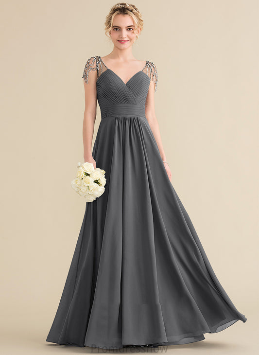 Floor-Length V-neck Beading Fabric Silhouette Sequins Embellishment Neckline A-Line Length Ruffle Lyric Bridesmaid Dresses