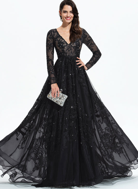 With Ball-Gown/Princess Sequins Sweep Lace Tulle V-neck Lily Prom Dresses Train