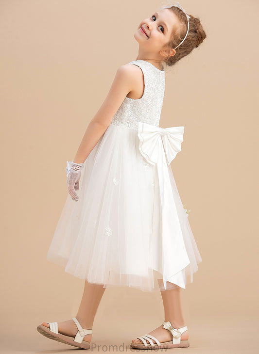 Tea-length Satin/Tulle Sleeveless Flower Girl Dresses Dress Bow(s) Neck Scoop With - Sam A-Line Flower Girl