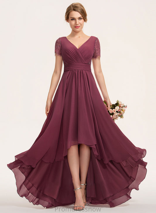 Ruffle Silhouette V-neck Fabric A-Line Embellishment Neckline Length Asymmetrical Aria Natural Waist Sleeveless Bridesmaid Dresses