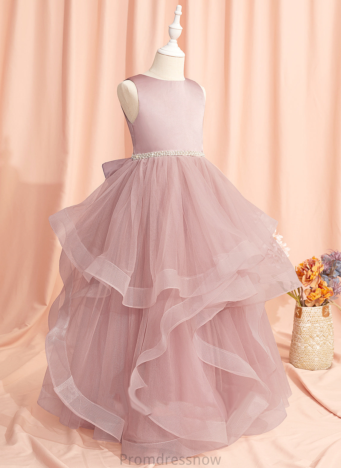 Flower Girl Dresses Tulle Floor-length Sleeveless Dress Neck Back Scoop Beading/Bow(s)/V Ball-Gown/Princess Flower - With Mariana Girl