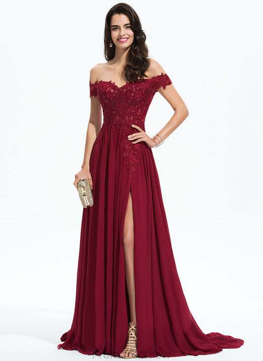 With Sequins Train Off-the-Shoulder Sweep A-Line Prom Dresses Chiffon Karissa