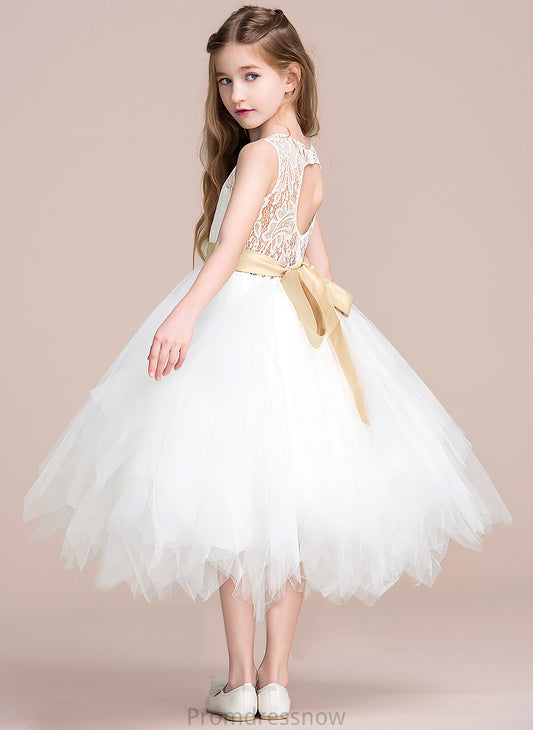 Tulle/Lace Virginia Dress With sash) Sleeveless Girl Tea-length (Detachable Hole Flower Girl Dresses Sash/Back A-Line - Scoop Flower Neck