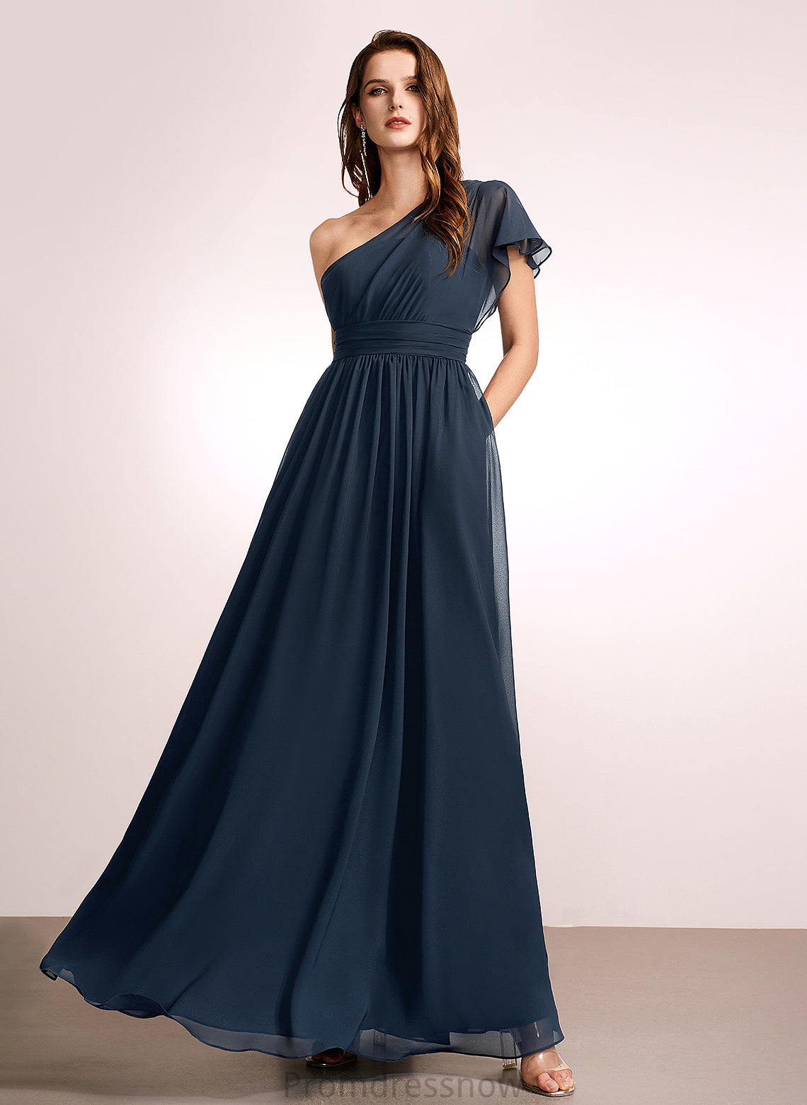 Ruffle One-Shoulder Silhouette Fabric Embellishment Neckline Length A-Line Floor-Length Hedda Natural Waist V-Neck Bridesmaid Dresses