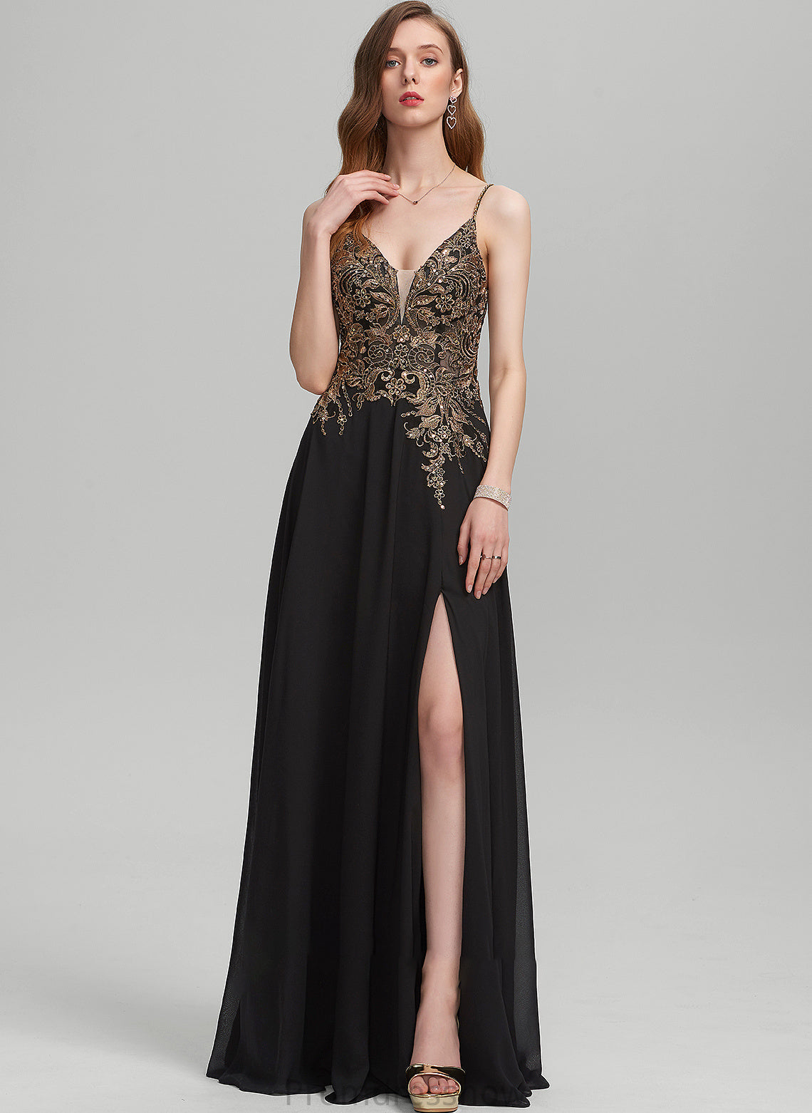 With A-Line Prom Dresses Front Split Floor-Length Jazmyn Lace V-neck Sequins Chiffon