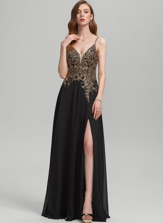 With A-Line Prom Dresses Front Split Floor-Length Jazmyn Lace V-neck Sequins Chiffon