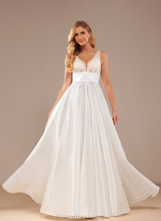 With Dress Wedding Dresses V-neck Pockets Karsyn Satin Lace Ball-Gown/Princess Floor-Length Wedding Lace