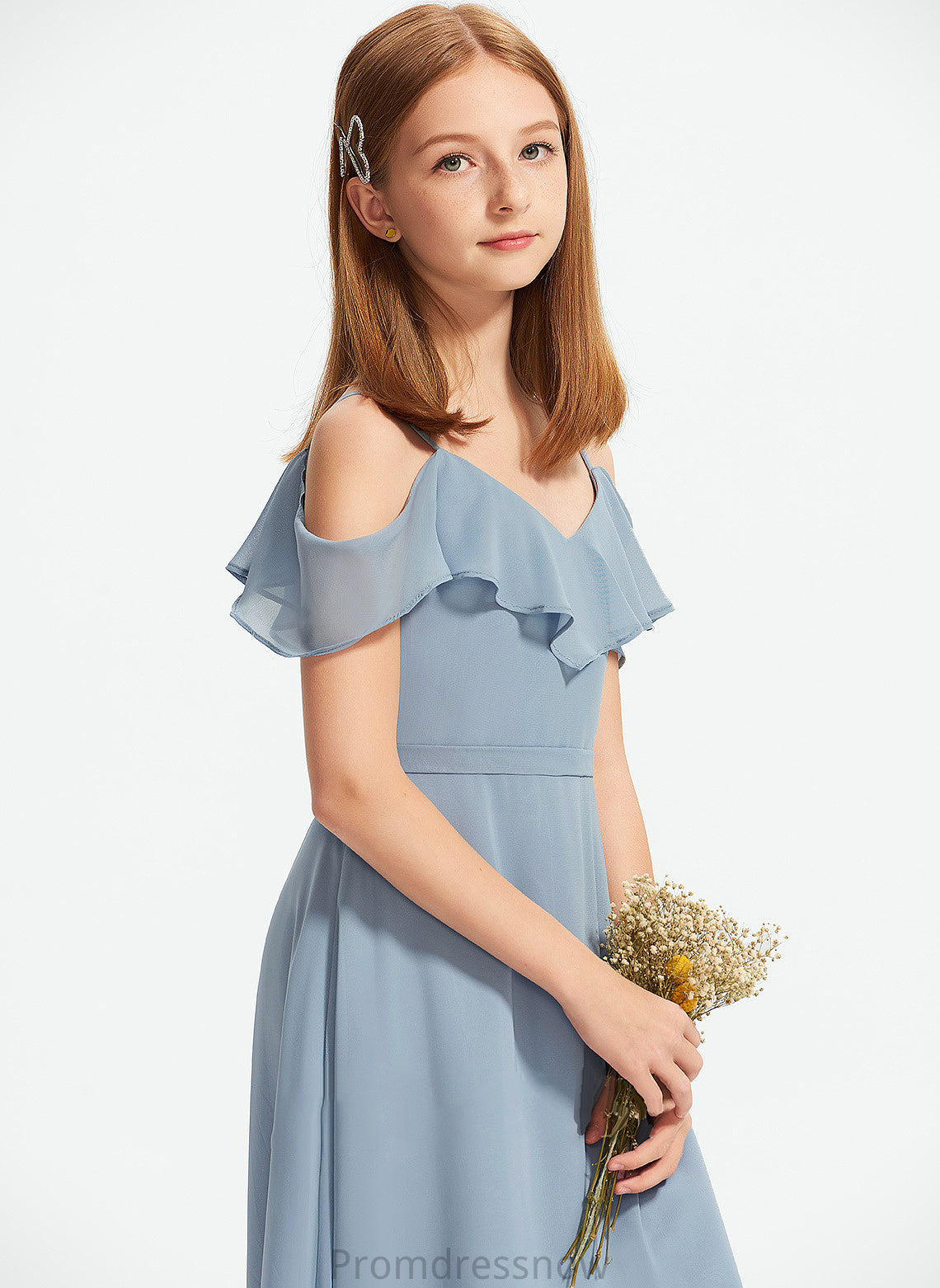 With Junior Bridesmaid Dresses A-Line Off-the-Shoulder Floor-Length Ruffles Chiffon Trinity